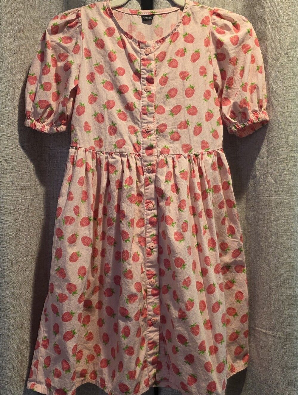 LC Wakiki Girls' Pink Strawberry Print Button-Front Dress